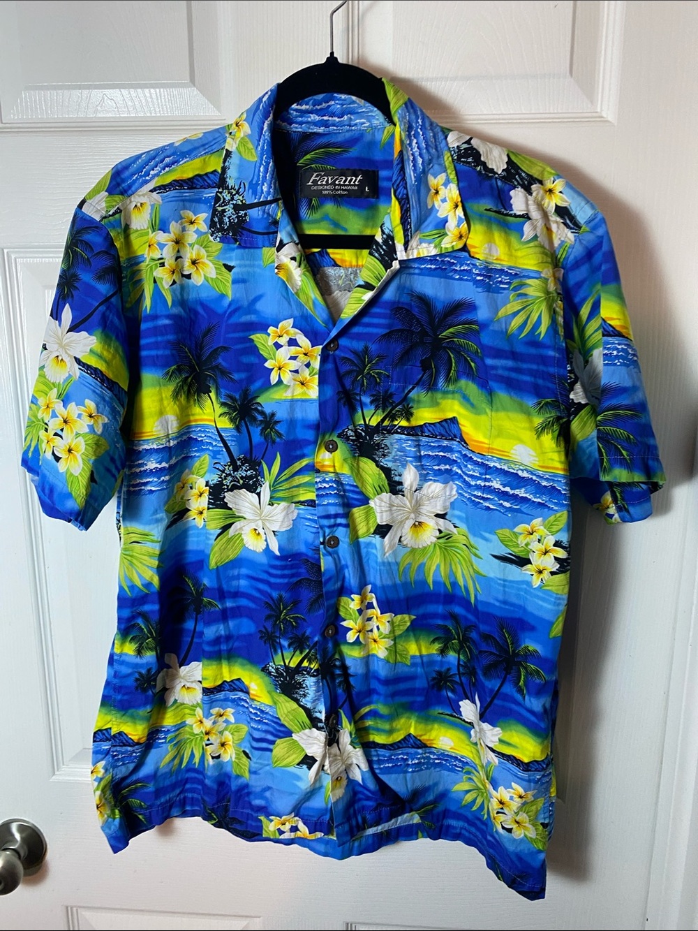 Favant Men's Hawaiian Button Down Shirt - Blue Sunset Floral Size Large Cotton